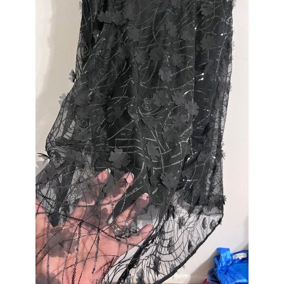 RICKIE FREEMAN TERI JON Dress Tea Length Sequins 3D Floral Appliques Black 12 - Picture 5 of 16